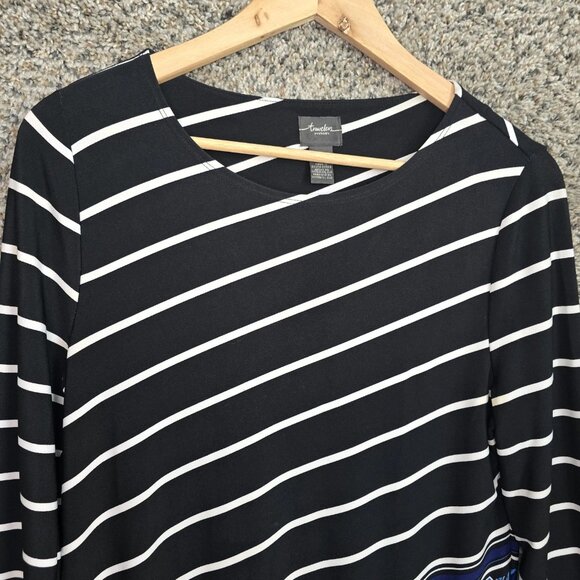 Chicos Travelers Top Womens 0 US Small Black Blue Tunic Scoop Neck Striped - Picture 3 of 7